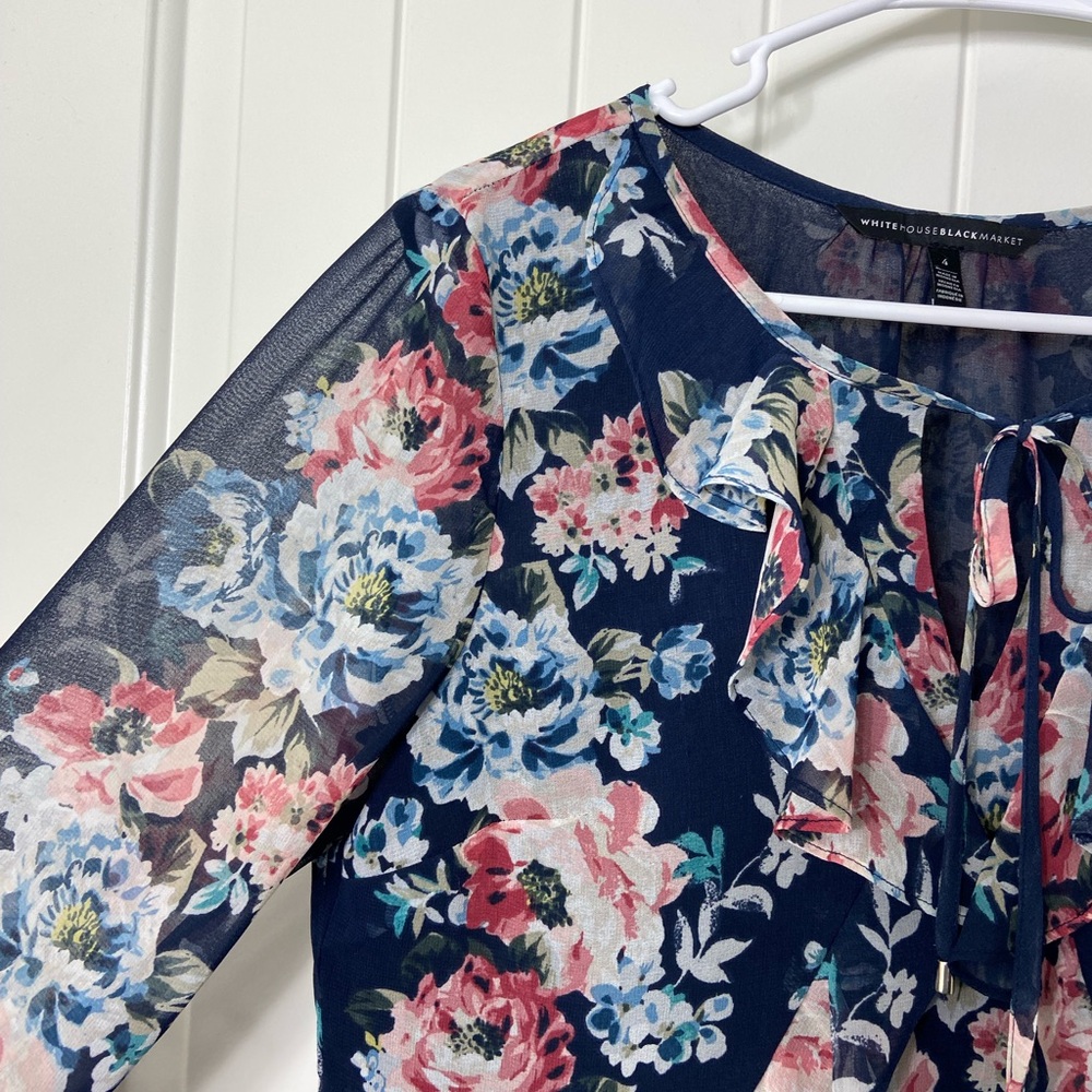 NWOT White House Black Market women’s bell flare sleeve sheer floral tie blouse - Picture 3 of 8